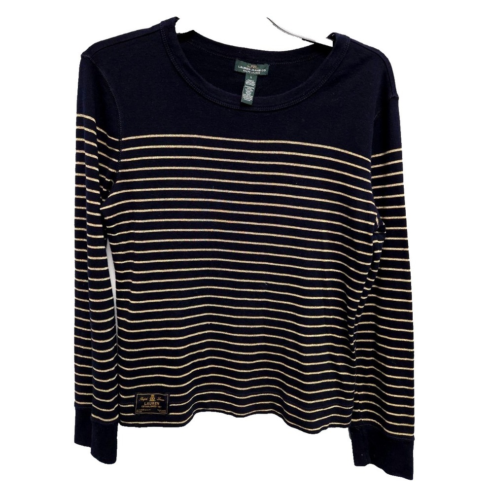 Lauren Ralph Lauren‎ Jeans Co TShirt L Black Gold Metallic Sparkle Stripe Top